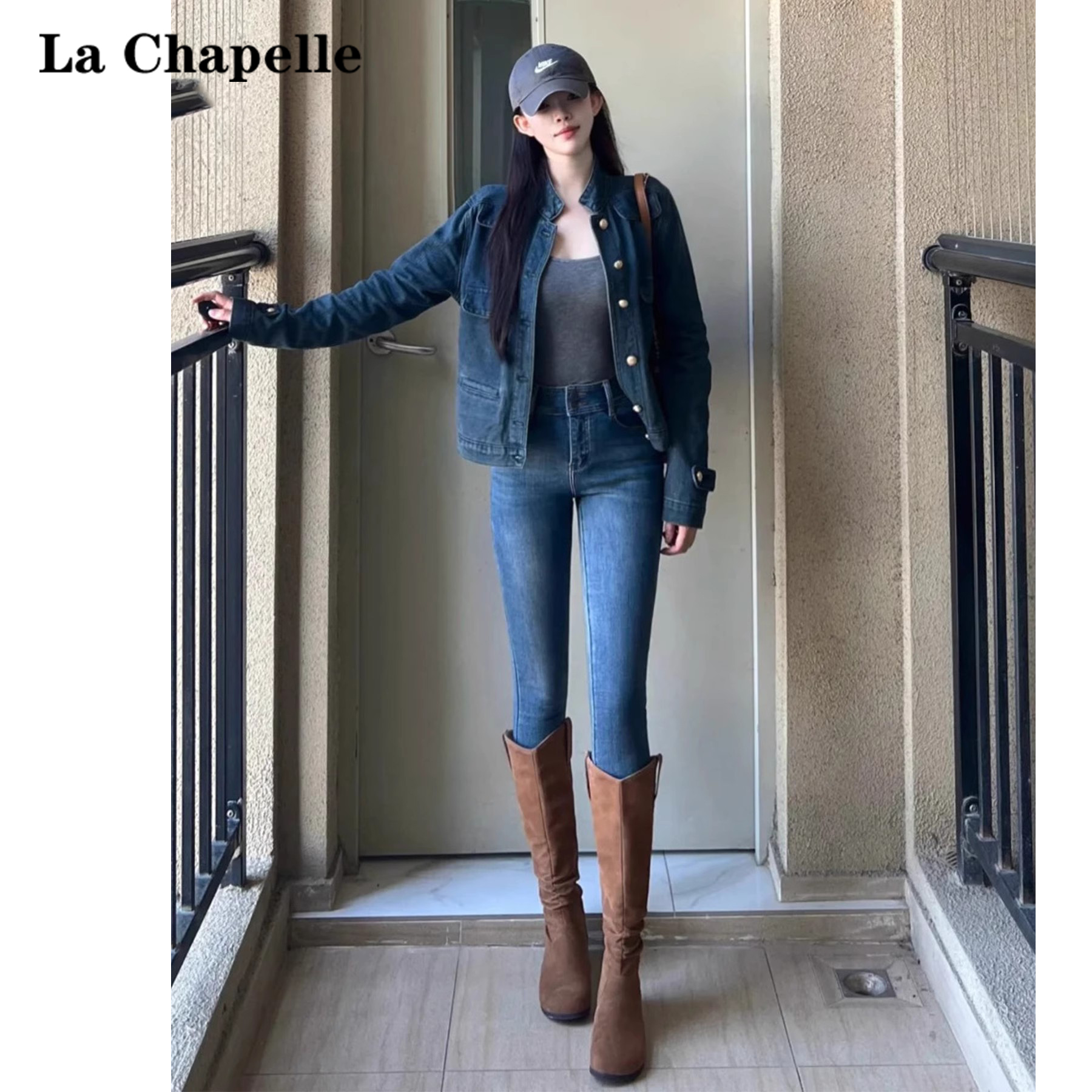 拉夏贝尔高腰小脚牛仔裤女2025秋冬新款显瘦紧身弹力双扣铅笔裤子