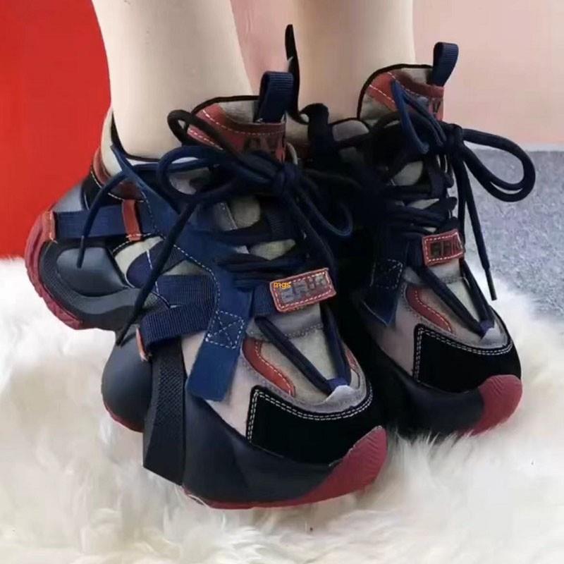 真皮老爹鞋女夏2024新款拼色网面透气松糕鞋增高厚底运动休闲鞋潮