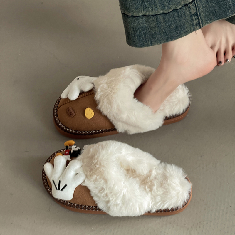 可爱卡通老鼠厚底包头拖鞋女2025冬季加绒加厚保暖舒适毛毛棉拖鞋