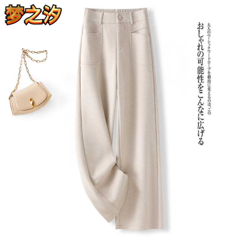 高级感窄版羊毛呢阔腿裤女2025秋冬加厚后松紧宽松显瘦休闲直筒裤