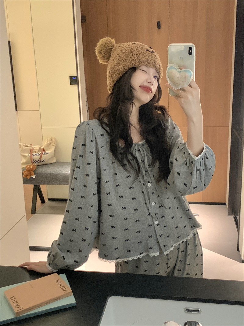 韩国ins蝴蝶结印花纯棉睡衣女春秋季长袖长裤甜美花边家居服套装