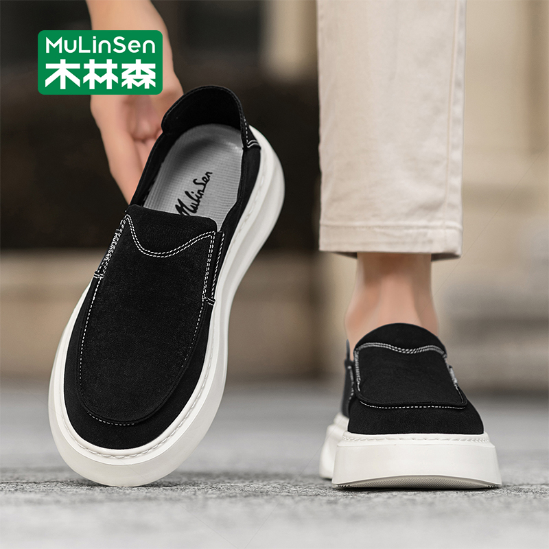 木林森帆布男鞋秋季透气2025新款一脚蹬休闲豆豆板鞋开车厚底布鞋
