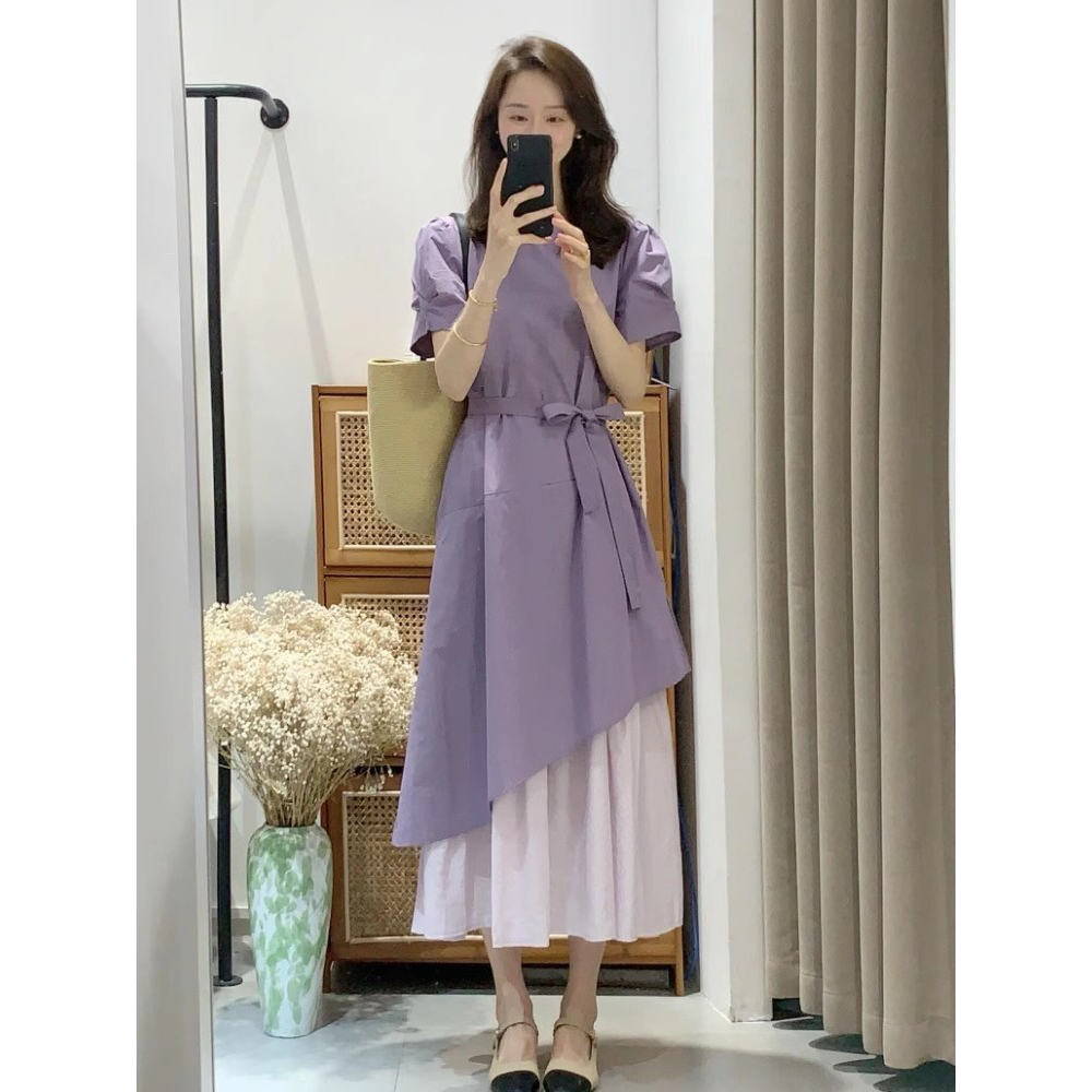 夏日绝美小裙子独特漂亮气质高级感收腰显瘦大码紫色假两件连衣裙