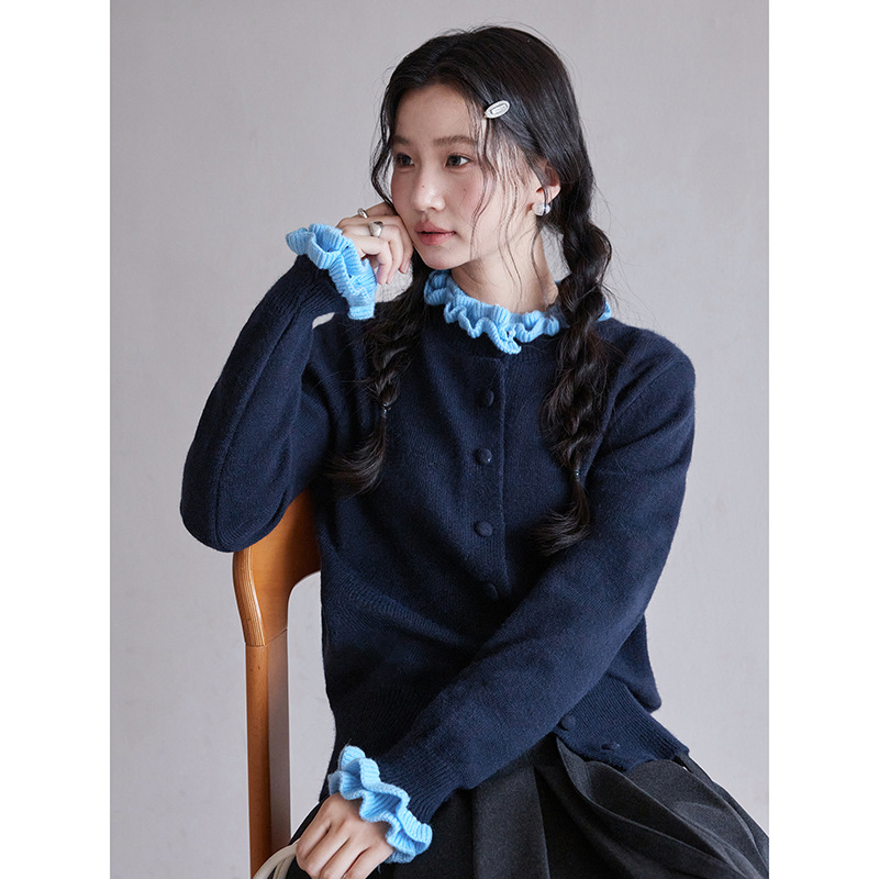 有风YFeeling双层花边领针织开衫女冬季新款洋气长袖撞色毛衣