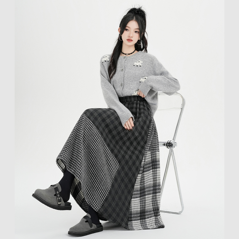 日系复古不规则拼接格子半身裙女秋冬款民族风伞裙显瘦a字长裙子