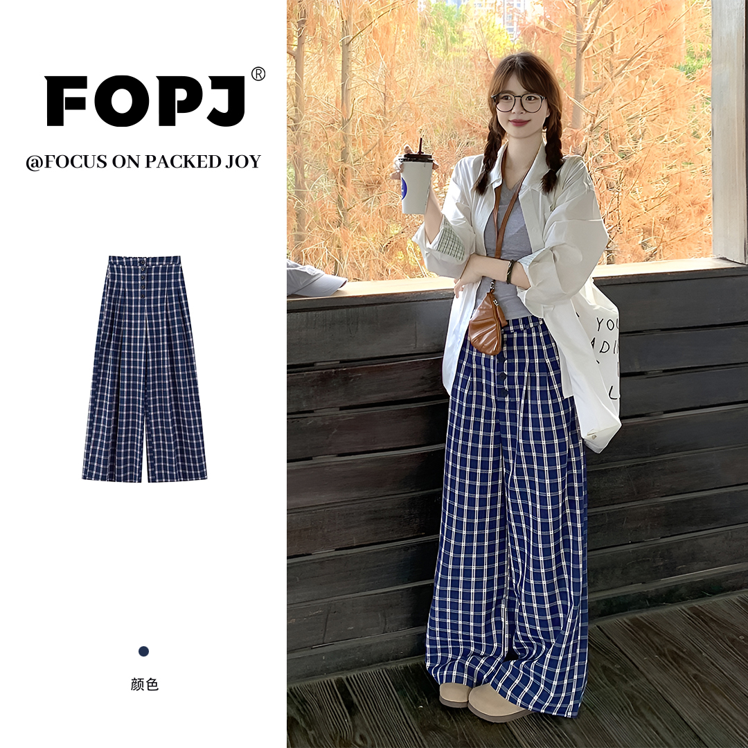 FOPJ韩系学院风宽松格子阔腿裤女夏季新款设计百搭休闲时尚拖地裤