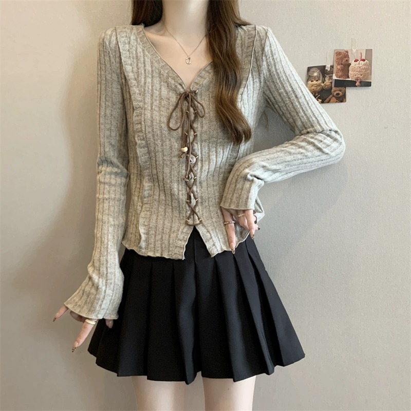 美式复古长袖针织衫女秋季新款高级感内搭打底衫胖MM遮肉显瘦上衣