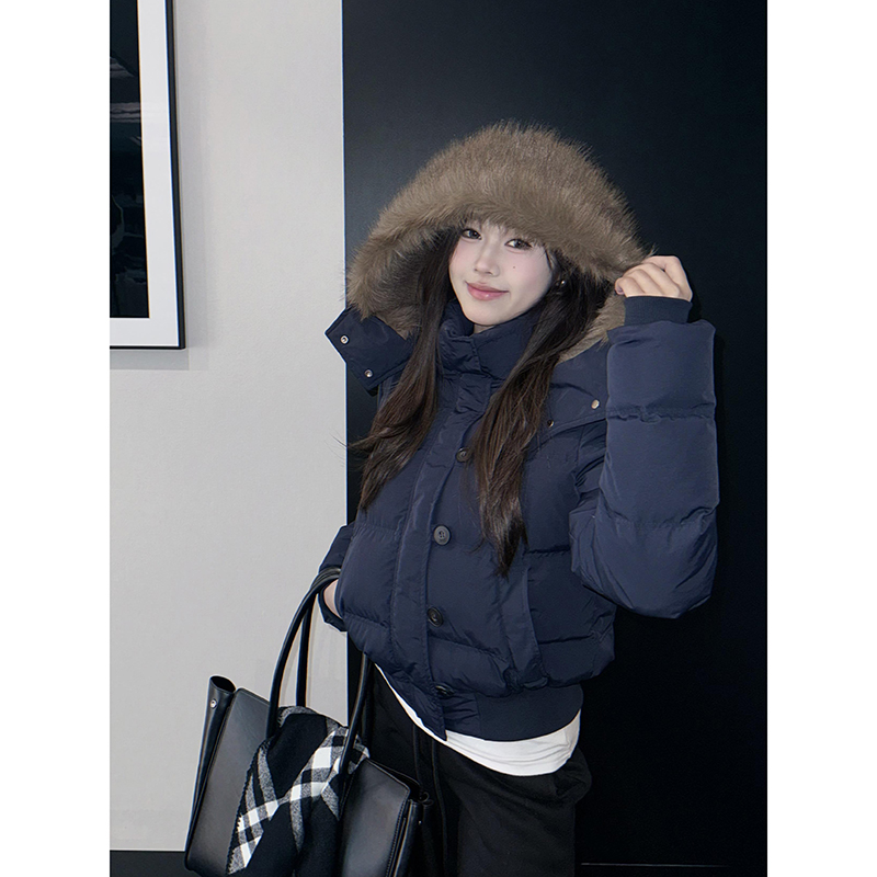 藏青色加厚羽绒棉服女短款冬季2025年新款小个子连帽毛领外套上衣