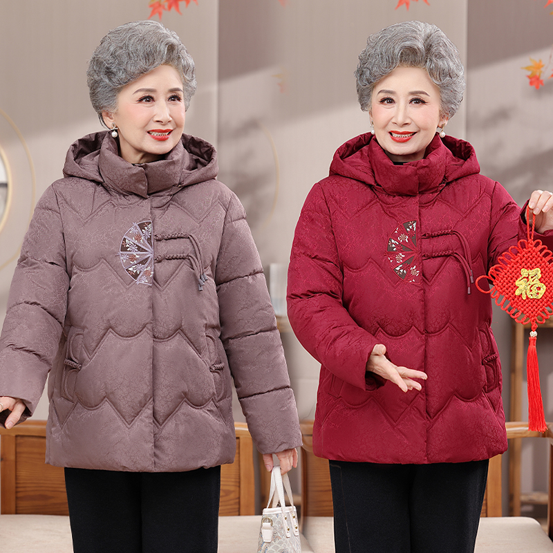 加绒老年人连帽立领中老年女装加厚棉服宽松型奶奶装上衣洋气棉衣