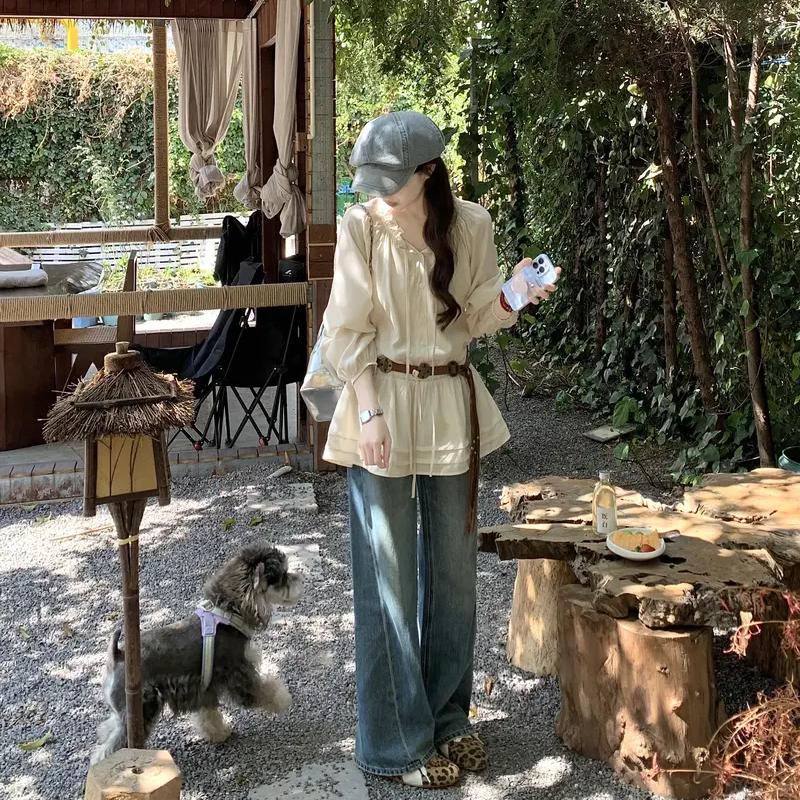 2025秋季新款韩系温柔风木耳边设计抽绳衬衫上衣搭配牛仔裤两件套