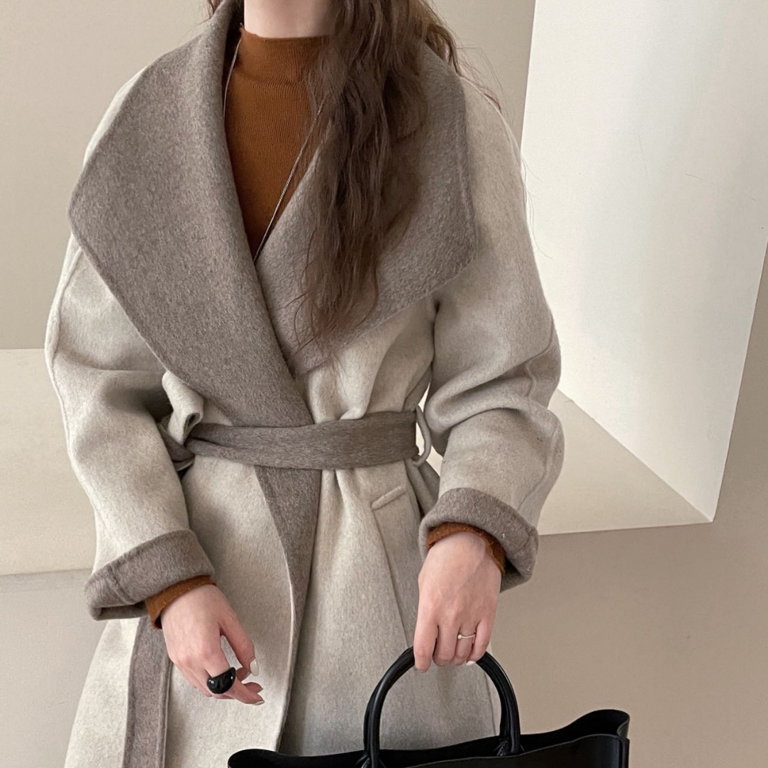 2025年新款两色大翻领系带加长款立体裁剪双面羊毛大衣女秋冬款