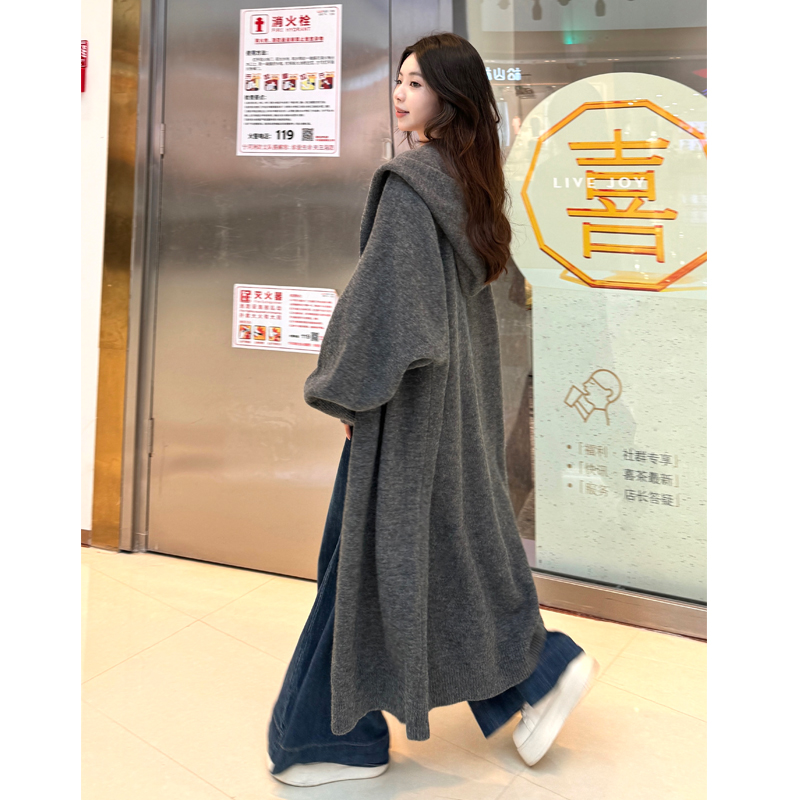 【BC传媒专属】秋冬季加厚慵懒风针织开衫外套毛衣连帽长款宽松韩版
