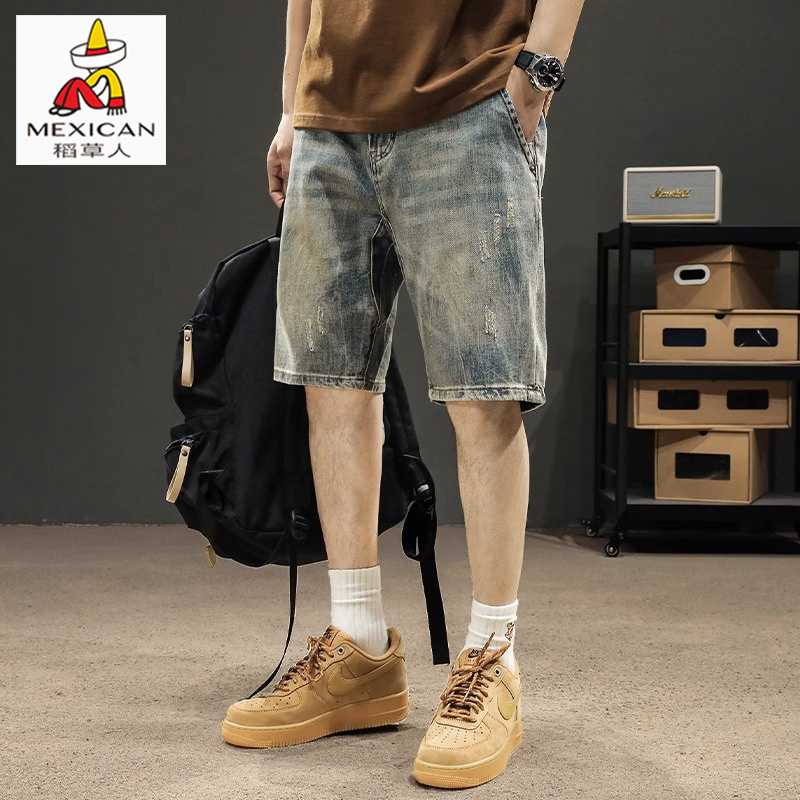 稻草人复古牛仔短裤男士夏季薄款美式潮流宽松直筒五分休闲中裤子