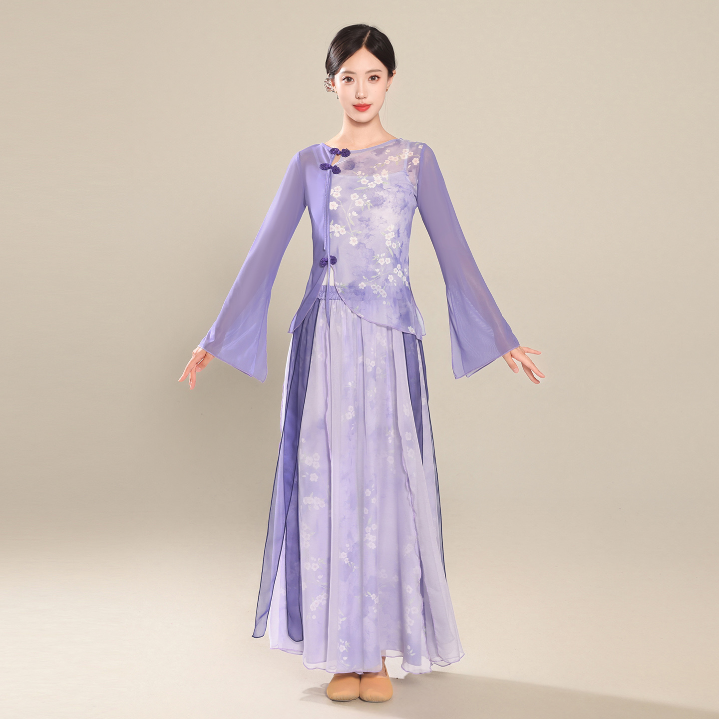 古风花影紫霞中国古典舞演出服练功服女飘逸纱衣印花仙女中国风