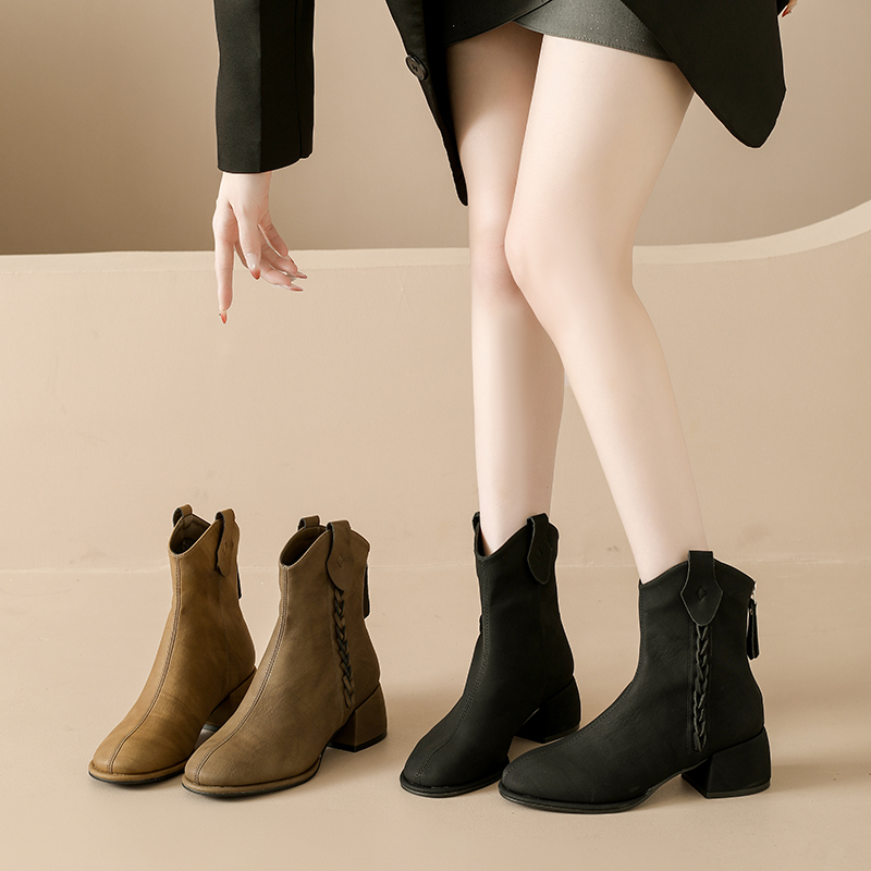 百搭女鞋24冬新款时尚休闲时装靴复古粗跟圆头西部厚底气质短靴女