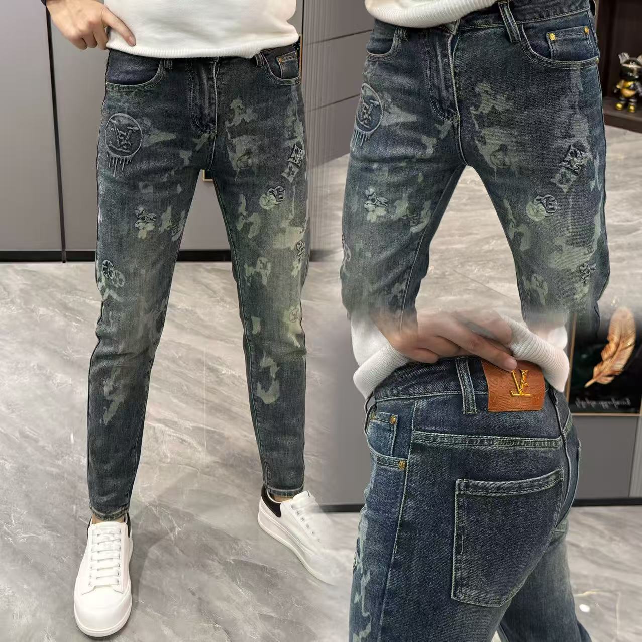 裤子男款秋冬款男士牛仔裤时尚个性印花小脚裤男轻奢修身显瘦男裤