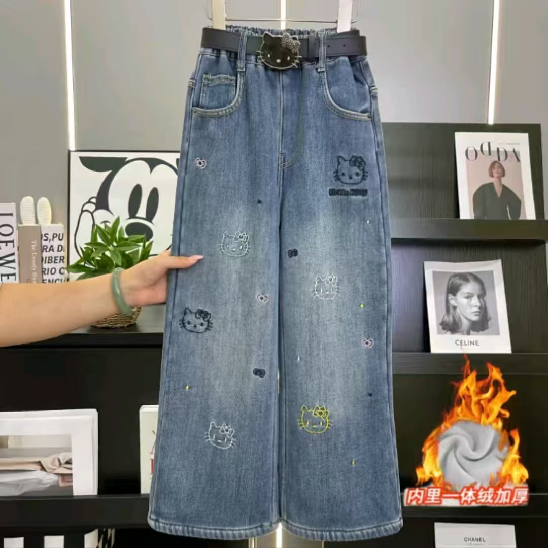 【加绒】女童刺绣牛仔加绒阔腿裤中大童休闲裤11013