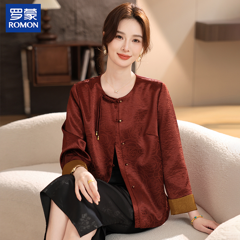 罗蒙妈妈秋装国风印花外套新款圆领绸面夹克中老年女装新中式上衣