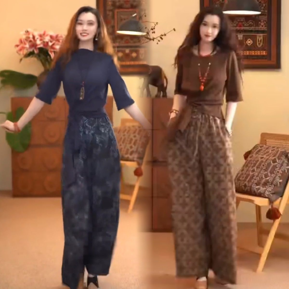 时尚复古气质裙套装2025秋季新款民族风宽松纯色绑带上衣阔腿裤女