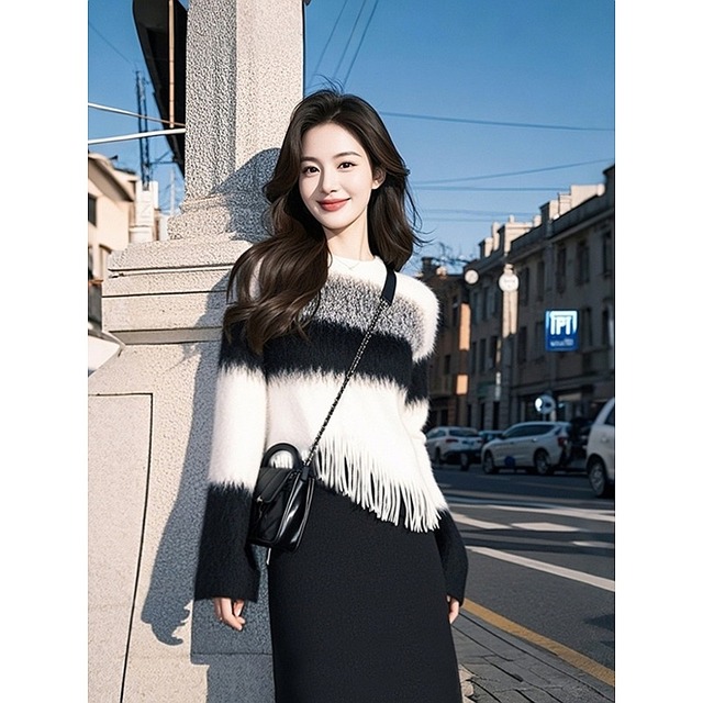 温柔系穿搭秋冬洋气欧货潮时髦高级感黑色针织毛衣不规则流苏上衣