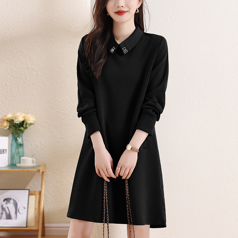 春季新款小香风宽松大码长袖娃娃领高级感气质咖色黑色中长