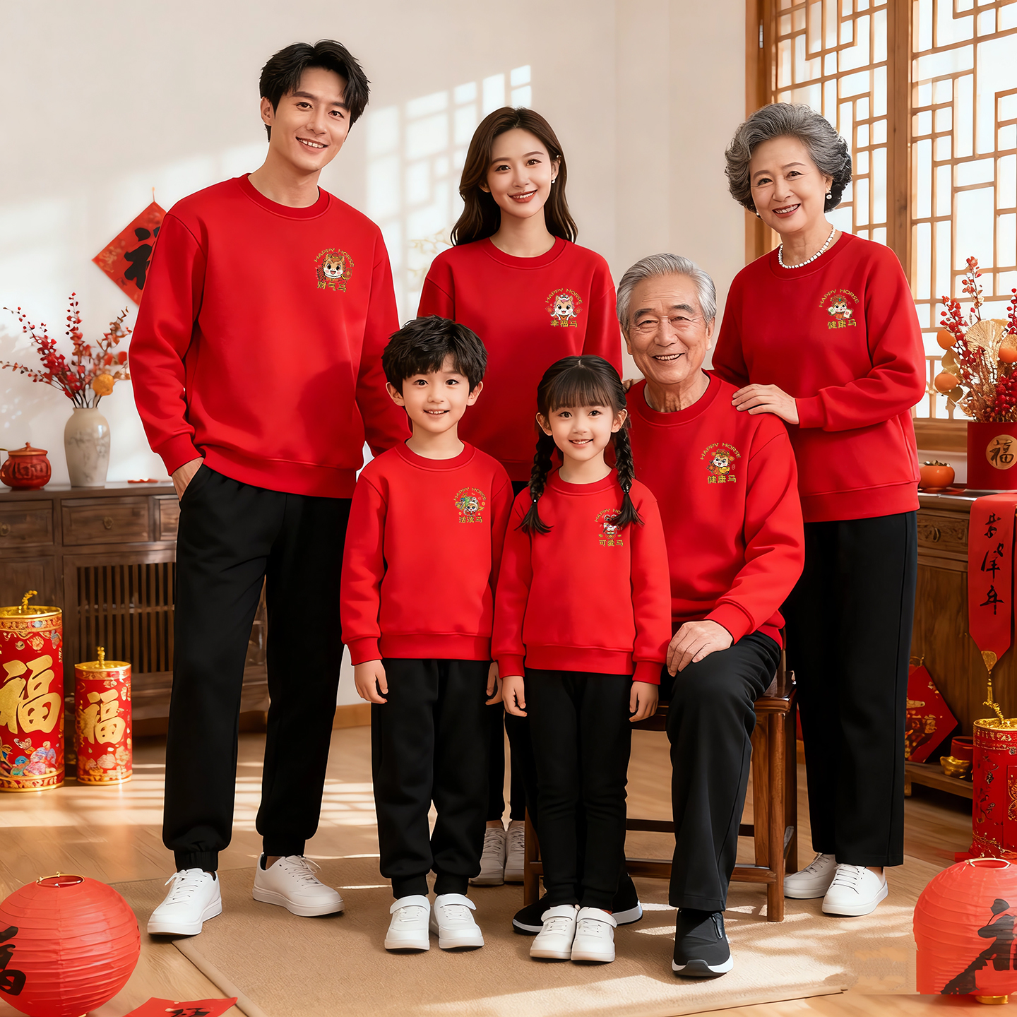 胸标Happy一家酒红色亲子装马年圆领卫衣一家五六口过新年全家福