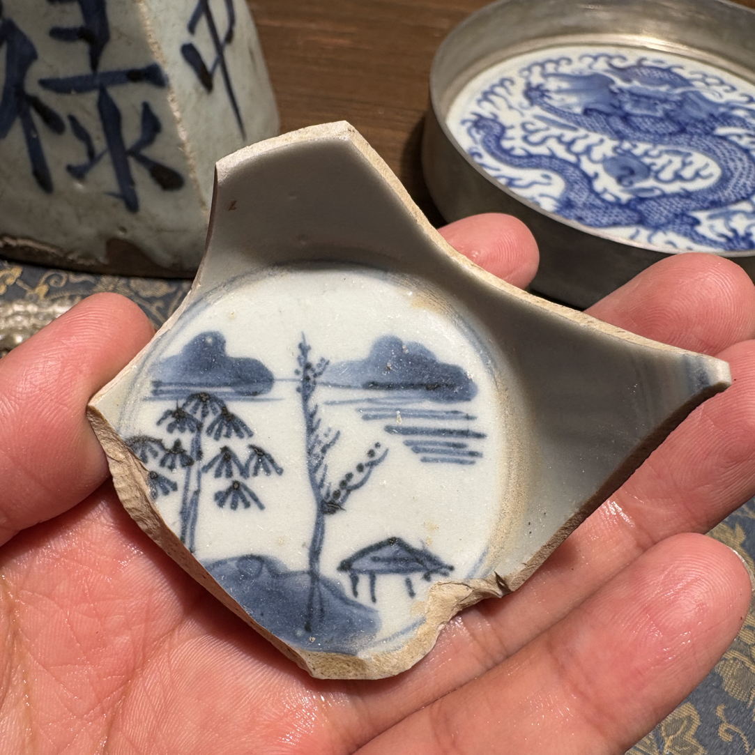 Q康外酱釉内青花山水风景图瓷片标本学习收藏顺丰包邮手绘手工