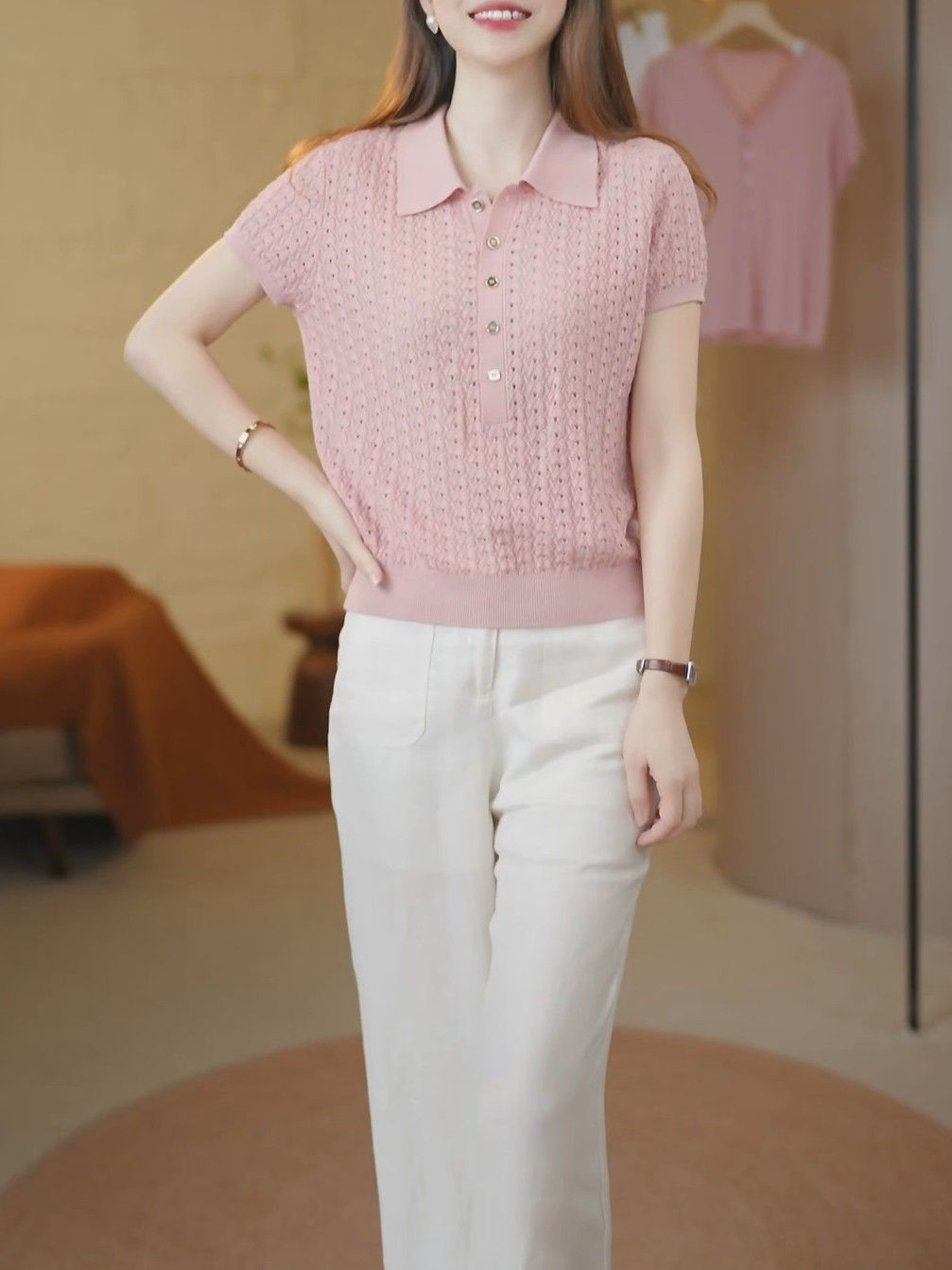 天丝+桑蚕丝夏季Polo领纯色镂空针织衫2025新款宽松百搭气质上衣