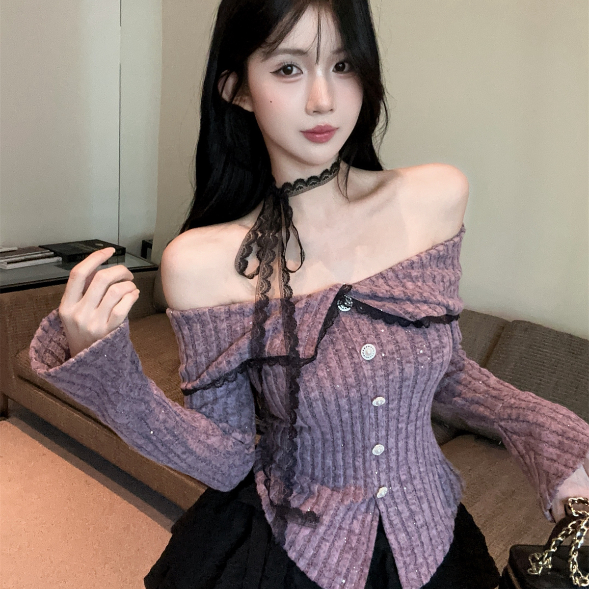 小香风紫色喇叭袖针织衫女秋冬纯欲一字肩挂脖上衣打底衫内搭毛衣