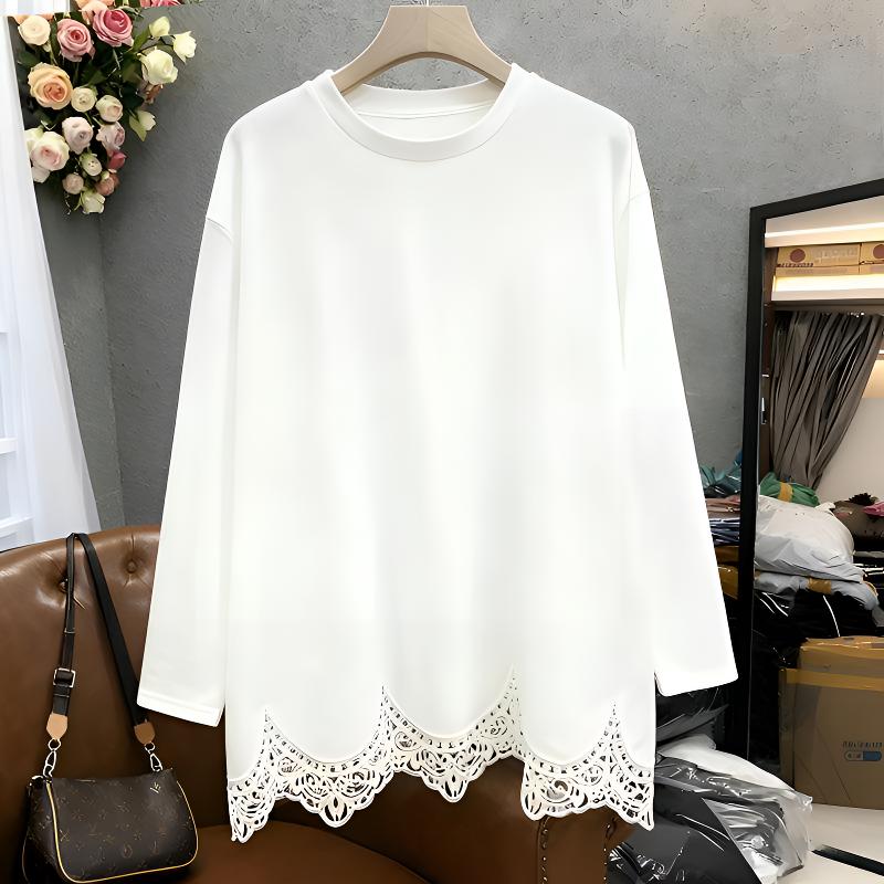 新款加绒下摆钩花洋气中长款T恤衫女秋冬款长袖宽松显瘦打底遮臀