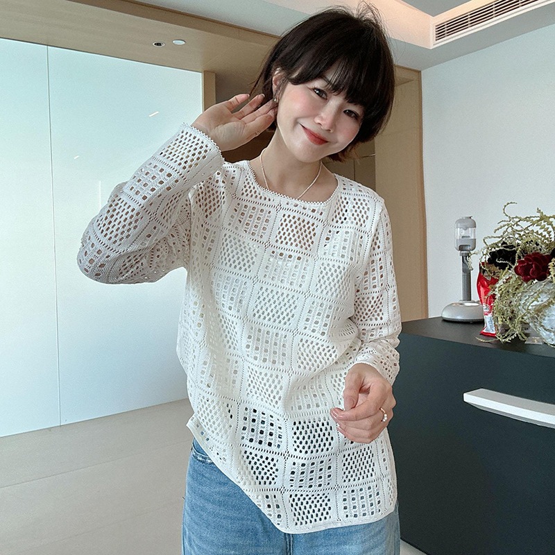 纯色镂空圆领长袖针织衫女早秋欧货防晒衫休闲宽松显瘦设计感上衣