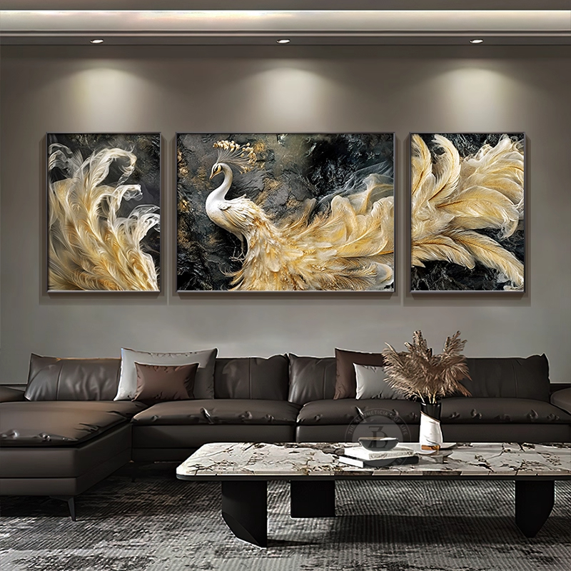 轻奢高级感客厅装饰画浮雕立体肌理感沙发背景墙挂画孔雀三联壁画