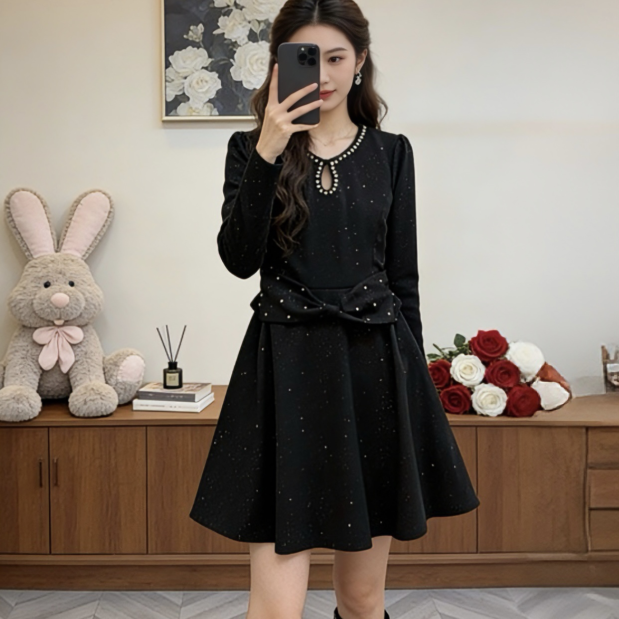 冬季新款大码女装时尚气质蝴蝶结收腰显瘦拼接长袖连衣裙