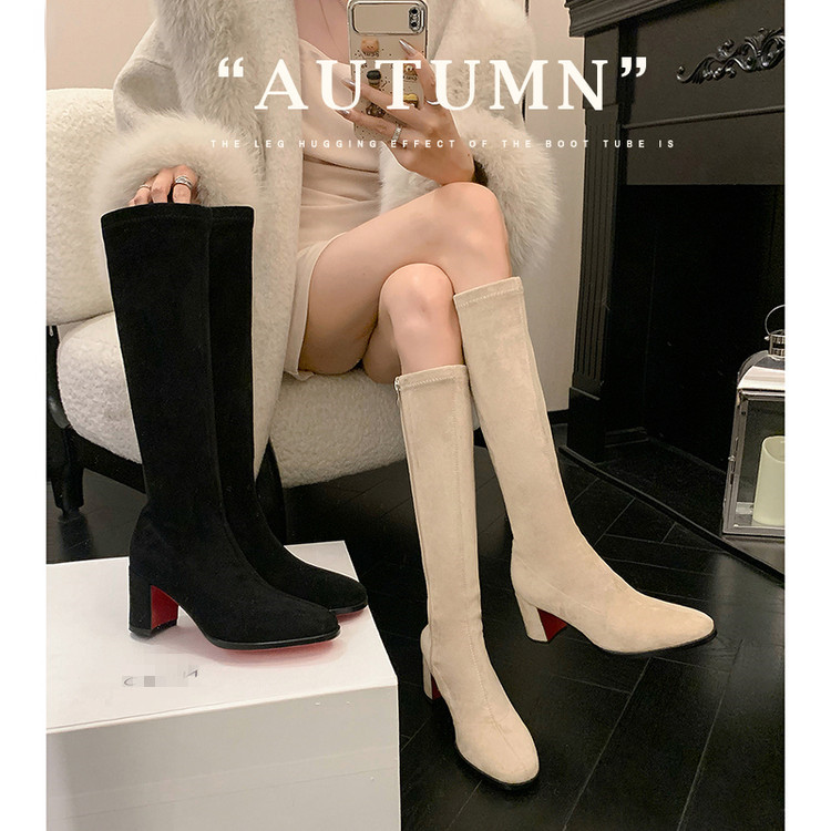 小个子瘦腿靴2025冬季新款高筒女靴子加绒不过膝骑士靴高跟瘦瘦靴