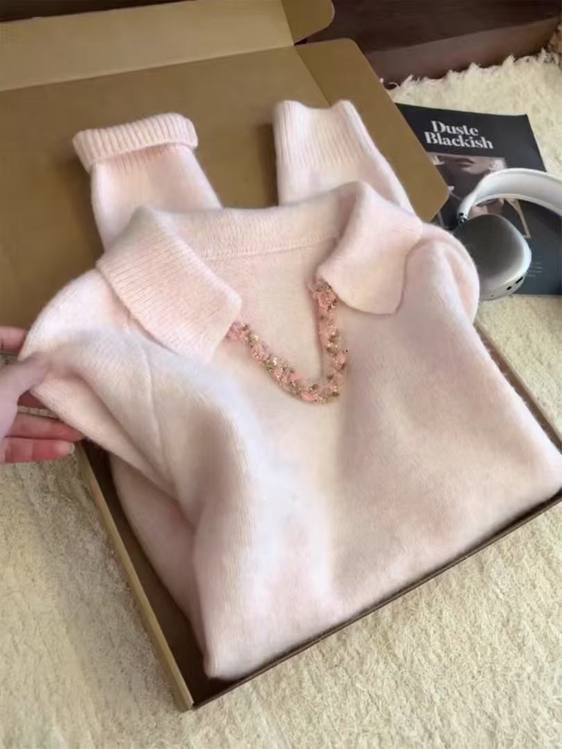 高级感粉色V领毛衣女秋冬2025新款慵懒松弛感气质打底衫内搭上衣