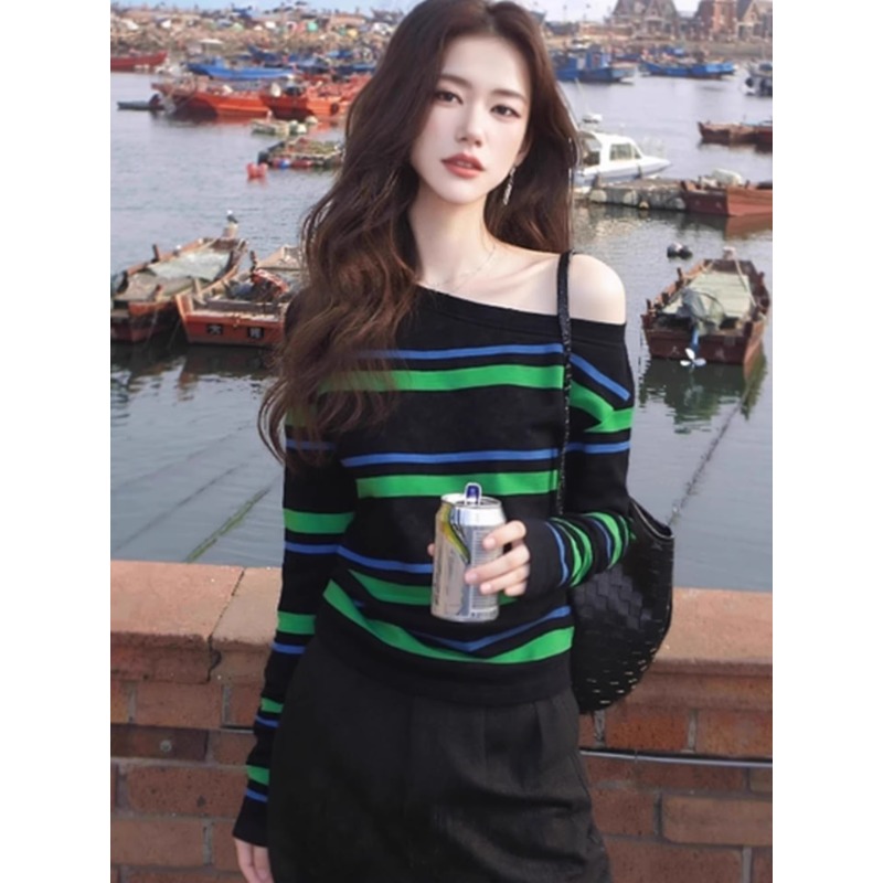独特超好看上衣韩系慵懒风松弛感小众不撞款斜肩条纹T恤针织衫秋