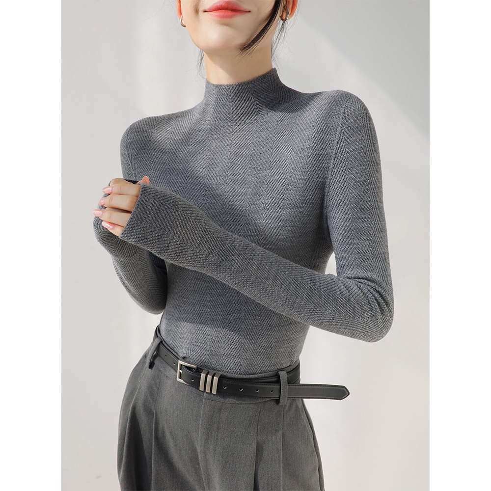灰色半高领水波纹无缝一体针织衫女秋冬法式高级感修身打底毛衣厚