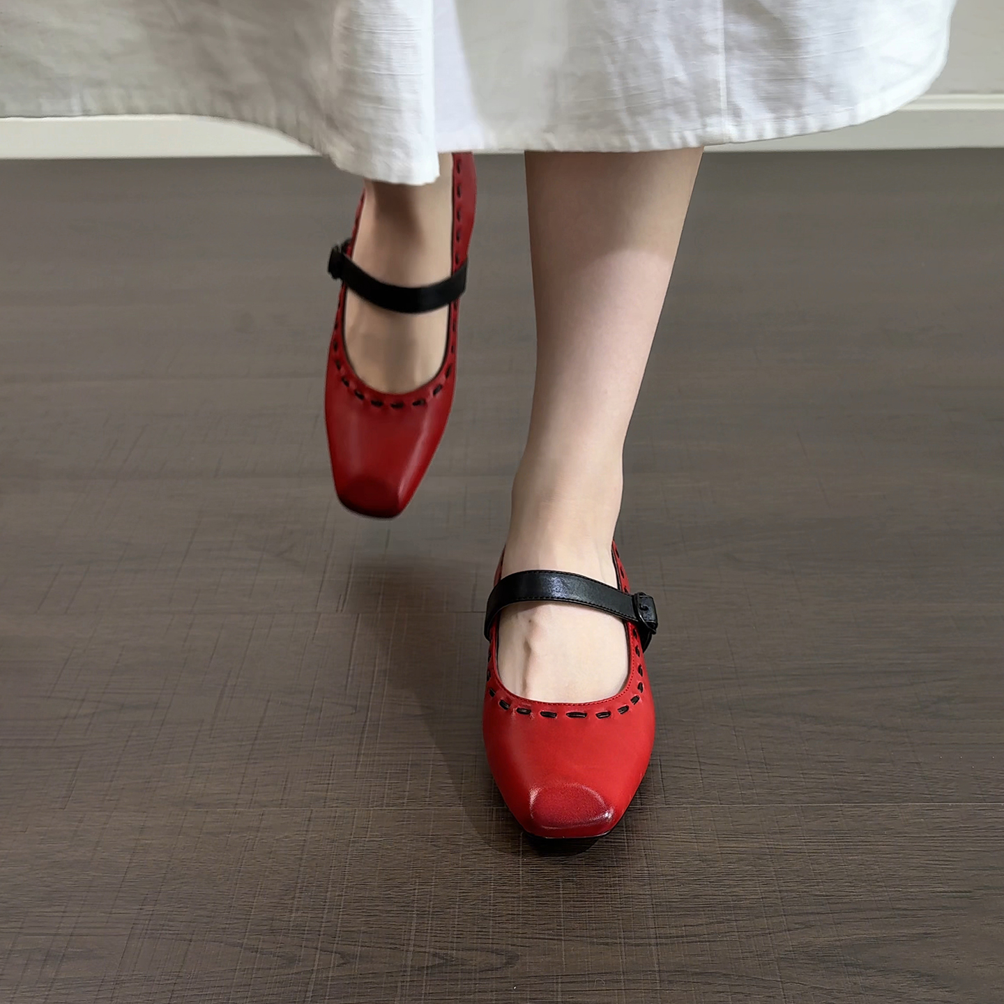 4cm/2663牛皮低跟方头复古玛丽珍真皮女一字带浅口单鞋内增高女鞋