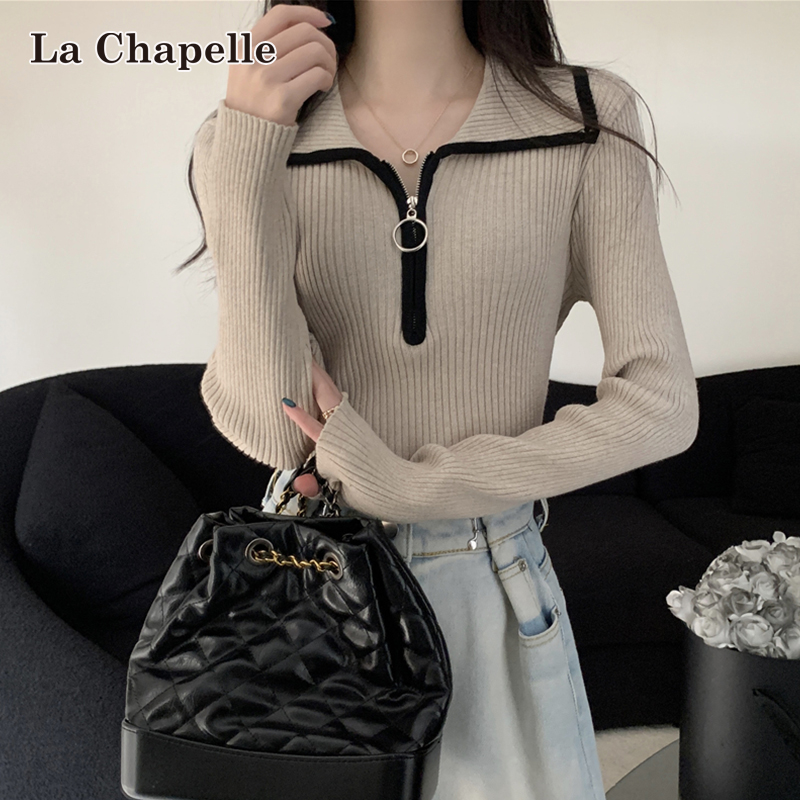 拉夏贝尔半拉链正肩polo领长袖针织衫女秋冬保暖打底毛衣修身上衣