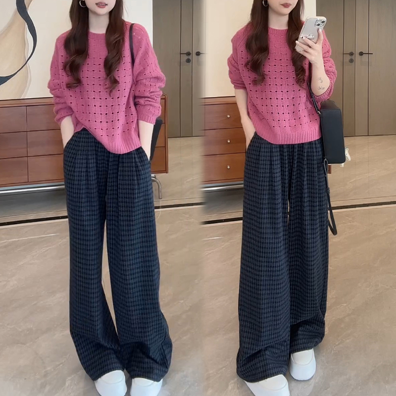 小众炸街减龄套装女2025春秋新款镂空长袖针织衫格子阔腿裤两件套