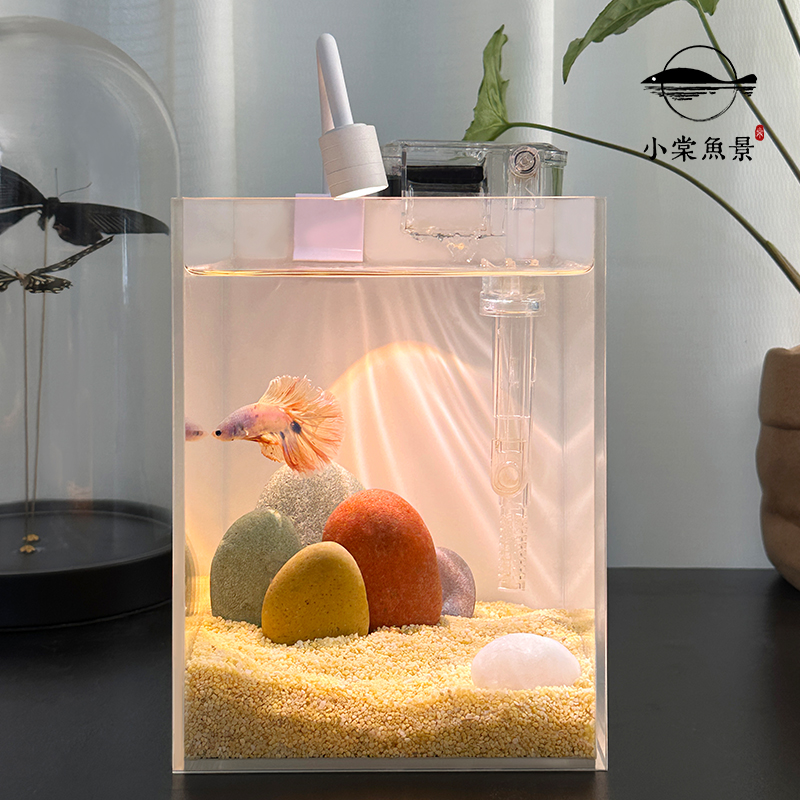 天然造景桌面鱼缸创意鹅卵石带灯迷你桌面养鱼小鱼缸超白玻璃鱼缸