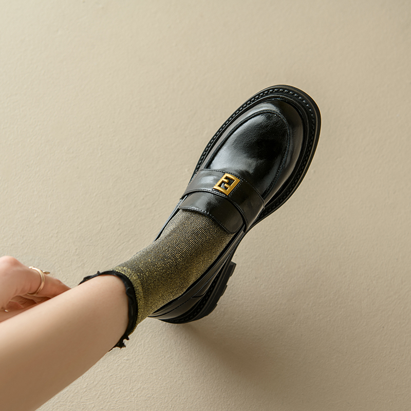 羊皮版~金属扣厚底乐福鞋女英伦风2025新款秋季小皮鞋粗跟单鞋