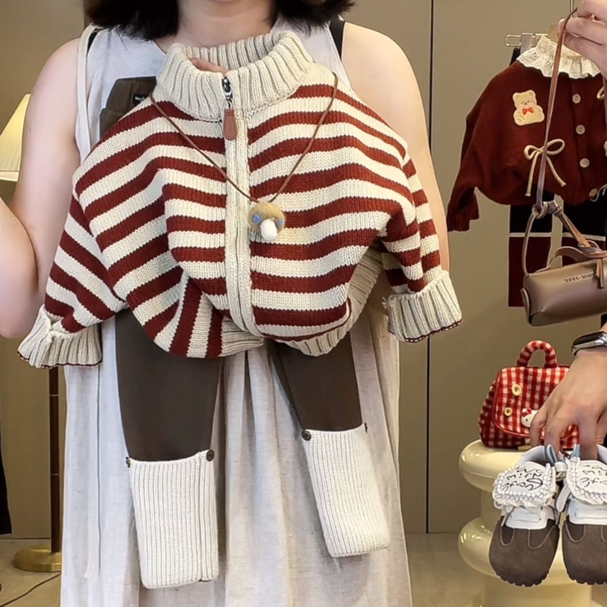 女童2024秋季套装新款儿童条纹毛衣外套拉链开衫秋冬一体绒打底裤