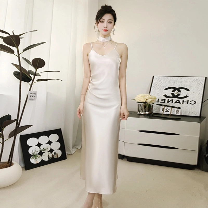 【可调节肩带+送飘带】夏季缎面连衣裙女显瘦法式轻奢气质吊带长裙