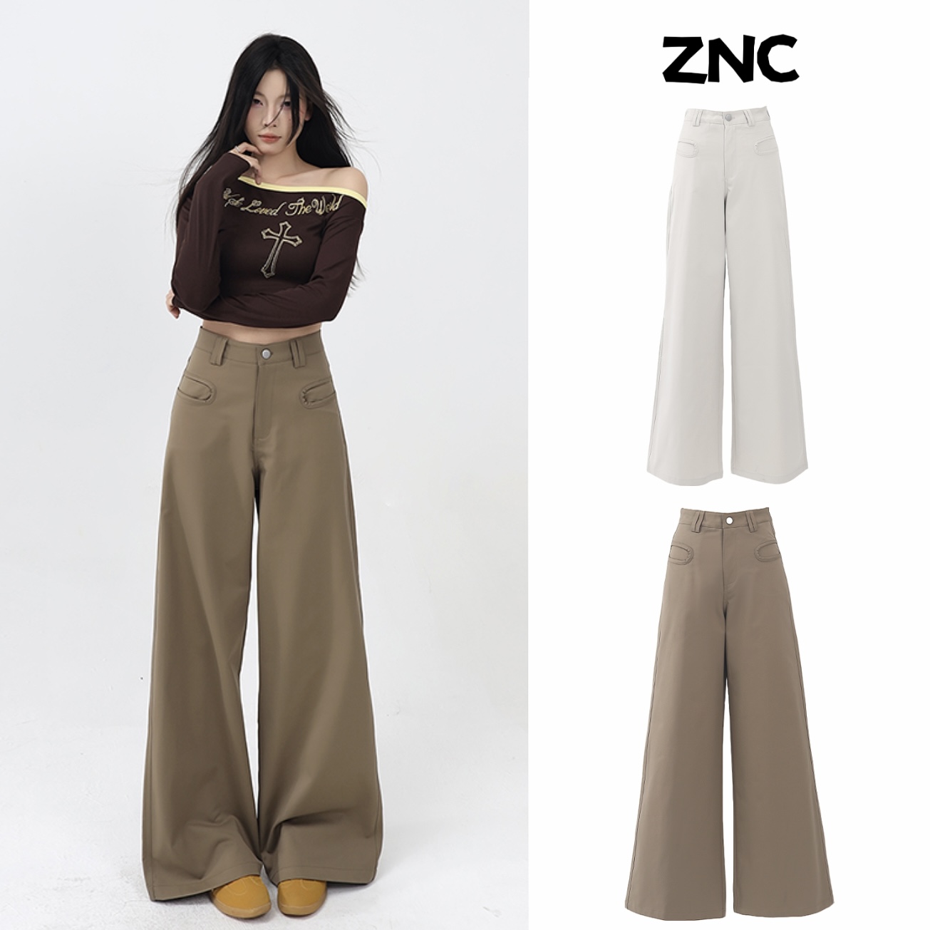 哲娜纯卡其色西装休闲直筒裤女新款高腰宽松显瘦垂感阔腿拖地裤