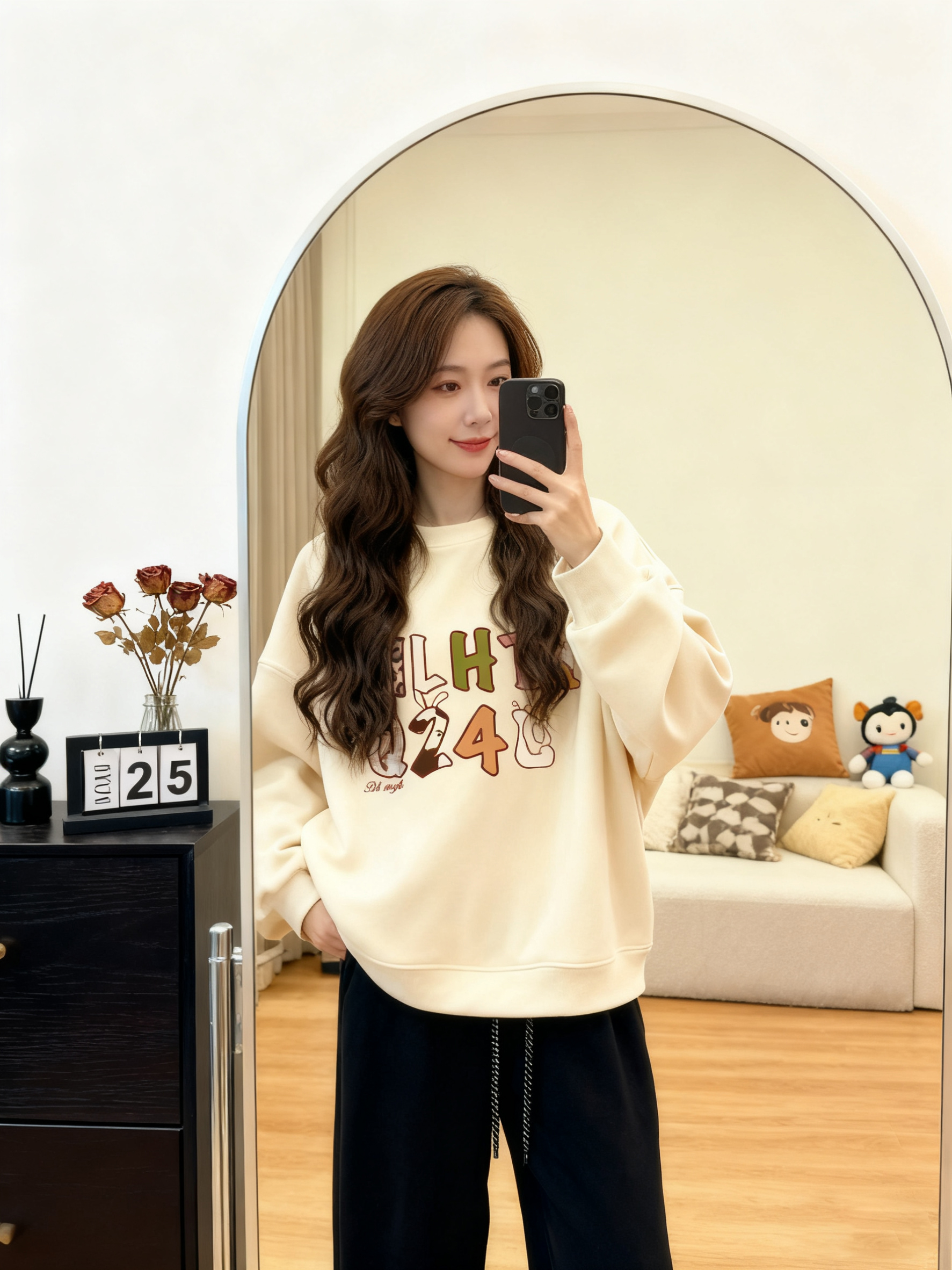 宽松韩版减龄字母印花圆领卫衣春秋款大码女装胖mm显瘦洋气上衣服