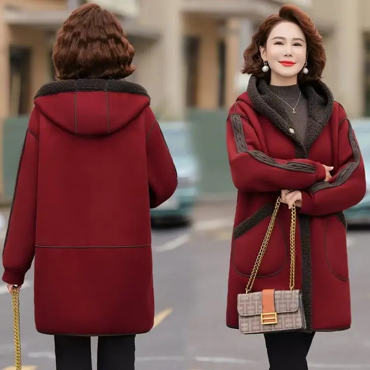 冬季双面穿加绒加厚女士外套中长款连帽妈妈装冬装中年妇女加大