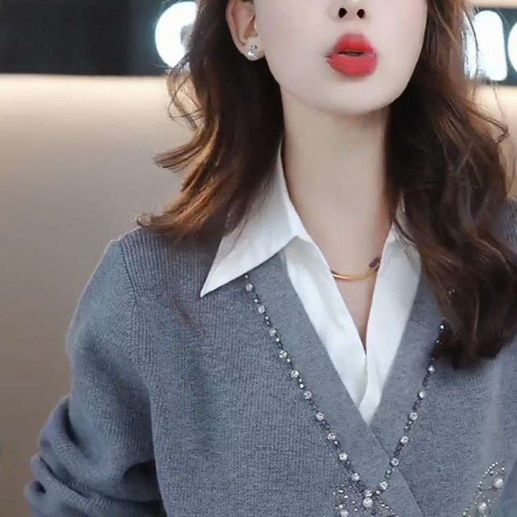 灰色假两件毛衣女士秋冬季气质宽松显瘦重工钉珠设计感针织衫上衣