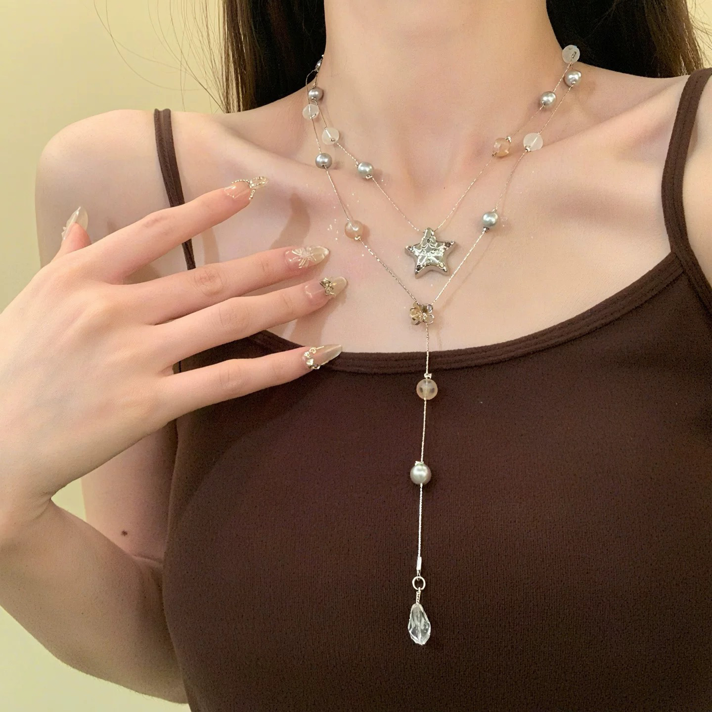 铜合金仿珍珠项链 甜酷y2k双层星星串珠项链长款个性辣妹叠戴颈链
