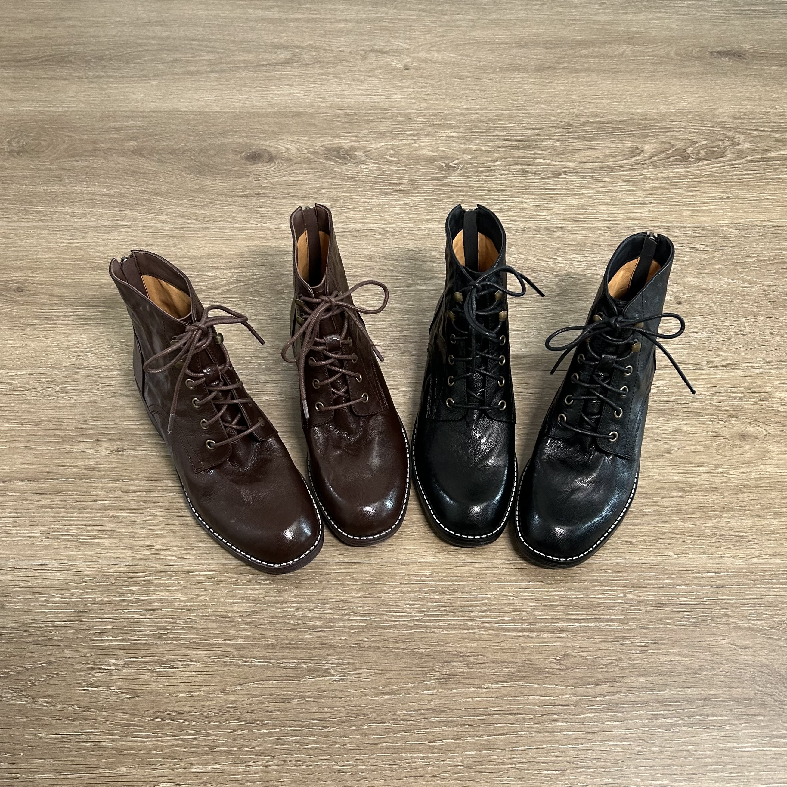 Dannyfrey秋冬新款头层羊皮复古马丁靴系带圆头方跟手抓纹短筒靴